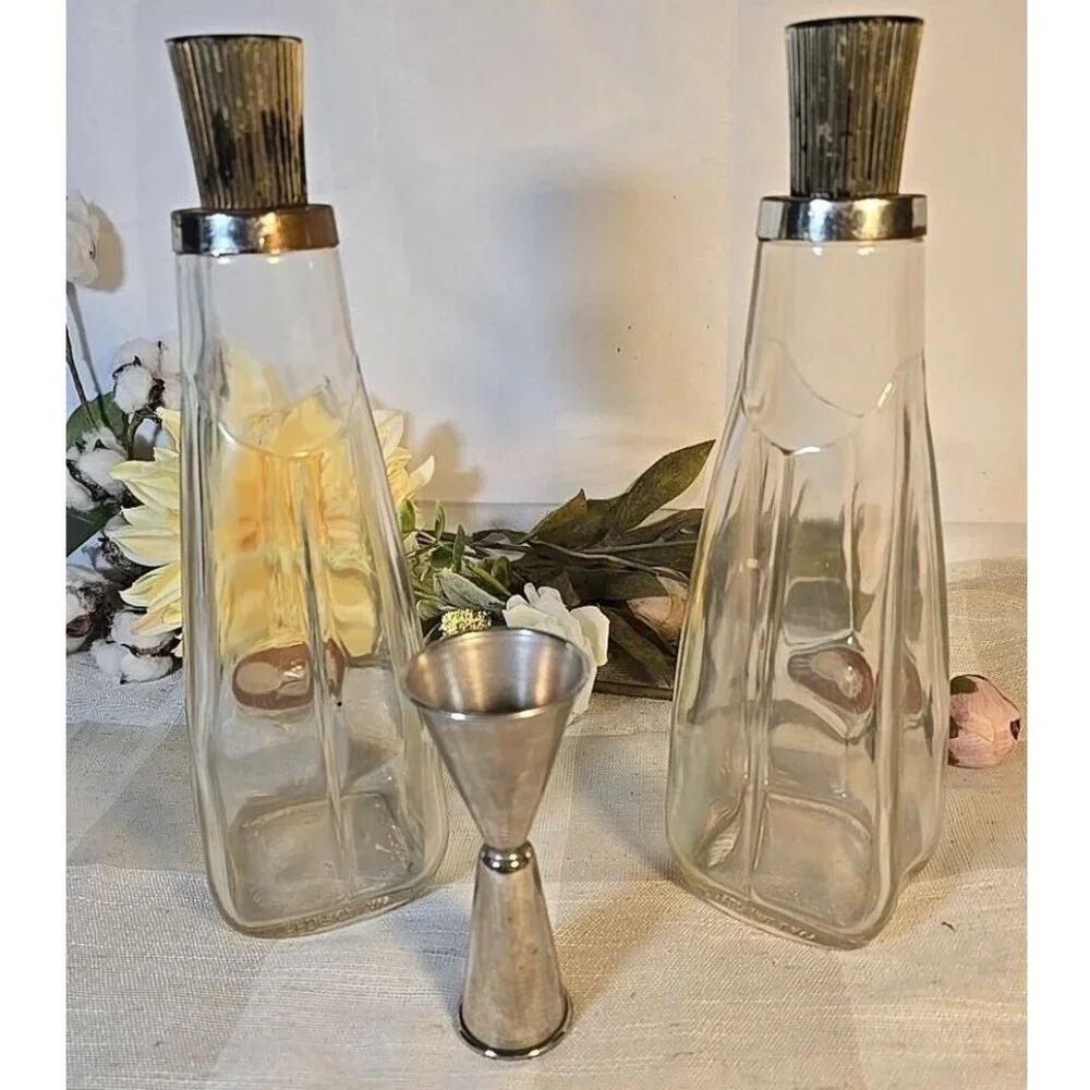 RARE 1956 Seagrams Glass Bar Decanter Bottle MCM Gold Starburst x2 Set